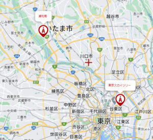 浦和局と東京スカイツリーの電波エリア